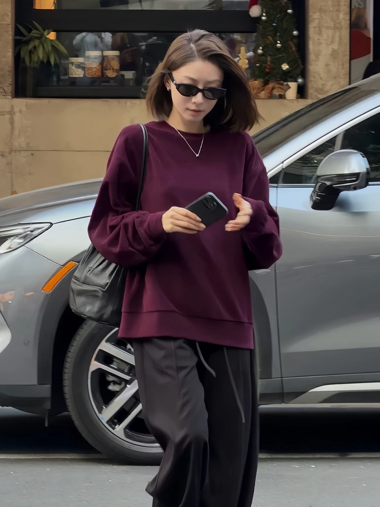 

Comfortable Loose Women's Sweatirt Crew Ne Casual Loose Fit Fall Winter New Arrival mat Sle Purple Color