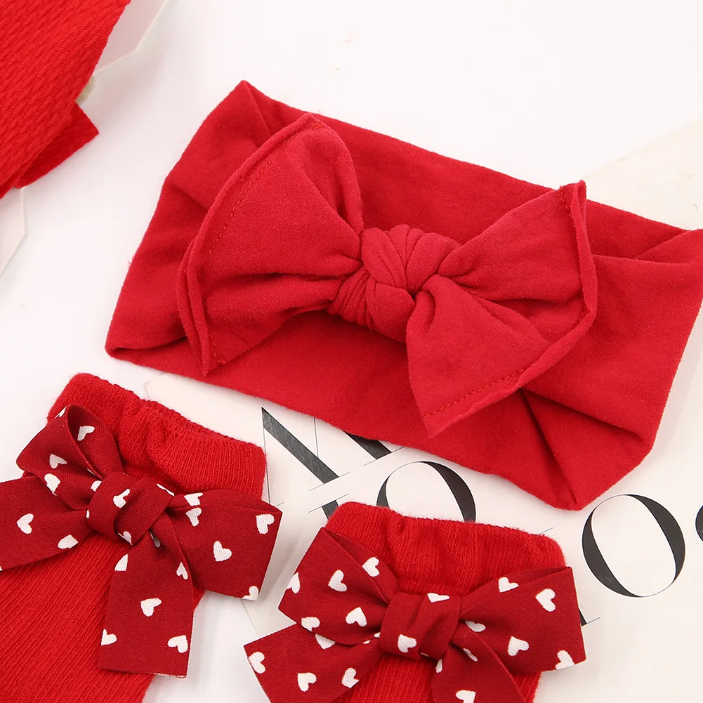 3Pcs/Set Christmas Red Bow Baby Headbands Long Knee Socks Dot Plaid Heart Print Bow 0-12M Sock Velvet Bullet Nylon New Year Gift