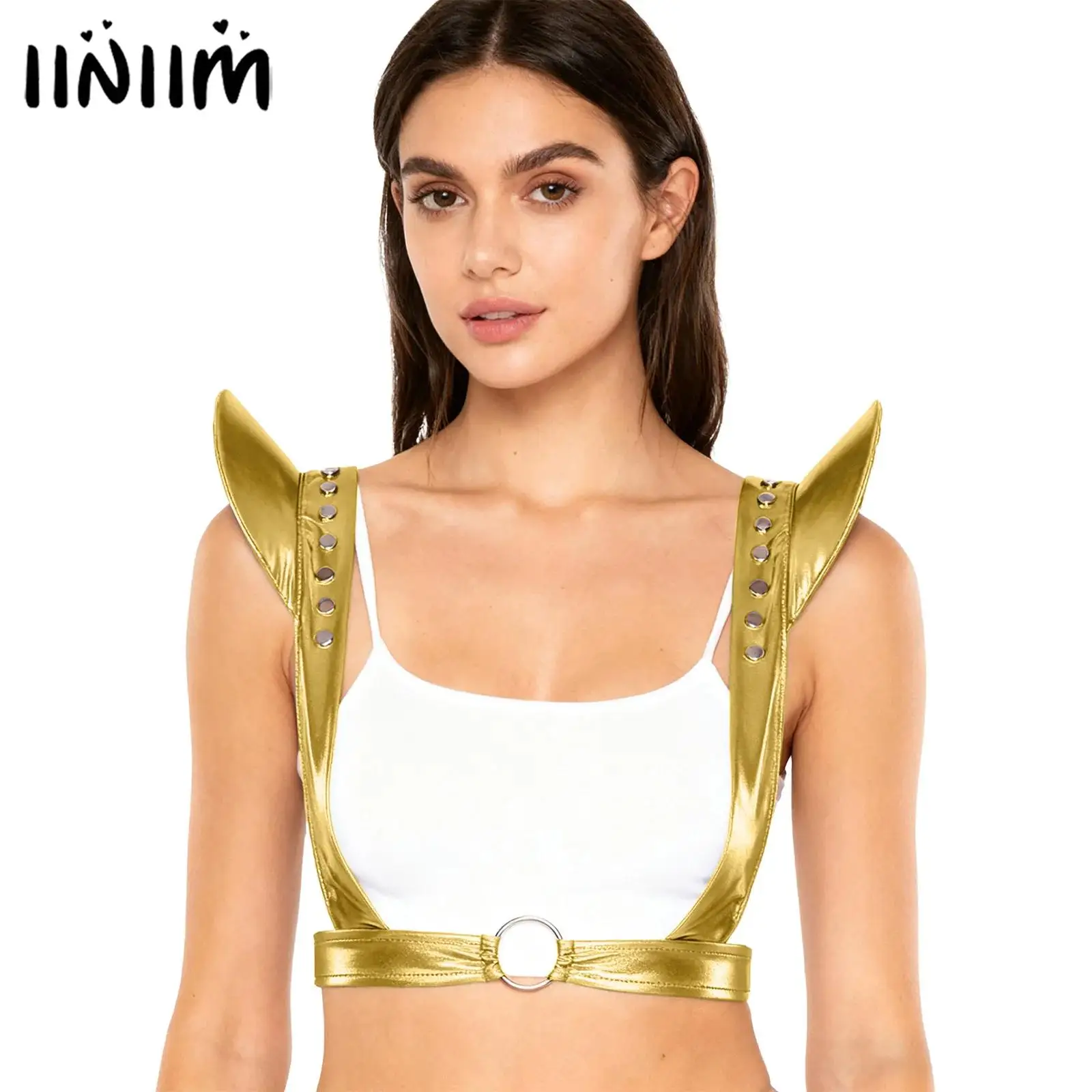 

Womens Metallic Shiny Body Chest Harness Fly Sleeves with Flat Round Rivets Punk Body Belt Body Accessories Raves Party Clubwear