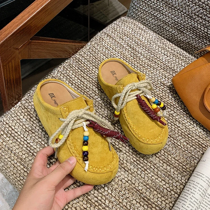 

Retro Versatile Outdoor Baotou Lace Up/on Women's Slippers 2025 New Fashion High Quality Solid Flat with Casual Slippers Women