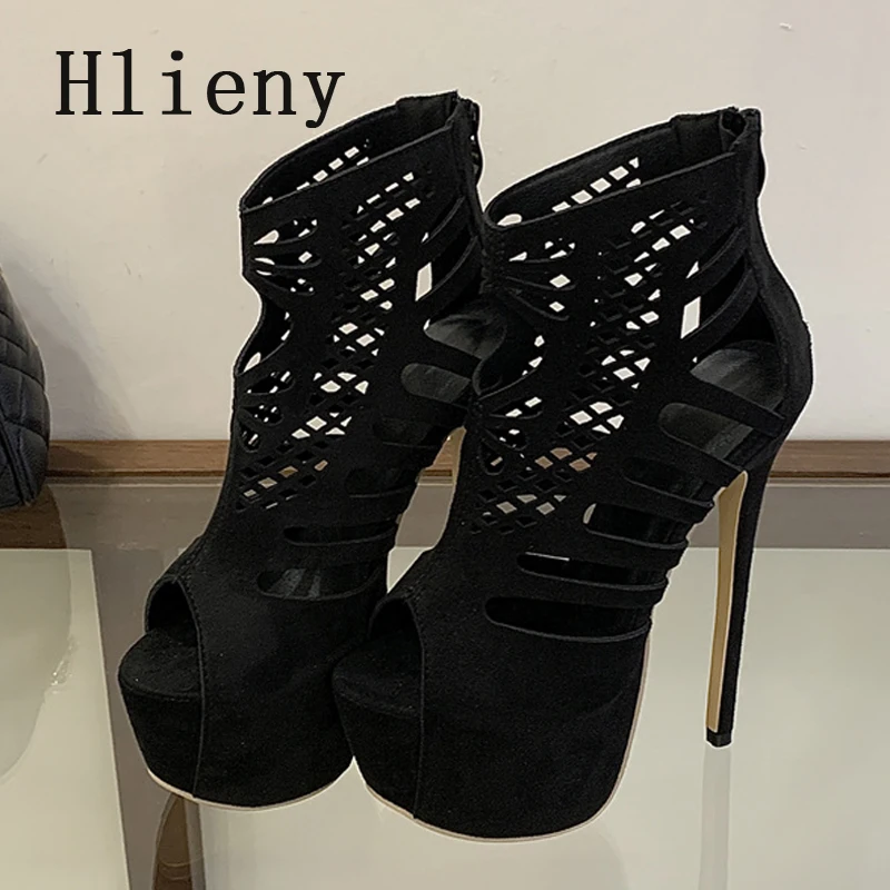 

Hlieny Fashion Narrow Band Peep Toe Platform Women Sandals Sexy Thin High Heels Female Party Prom Ankle Zip Boots Shoes Black