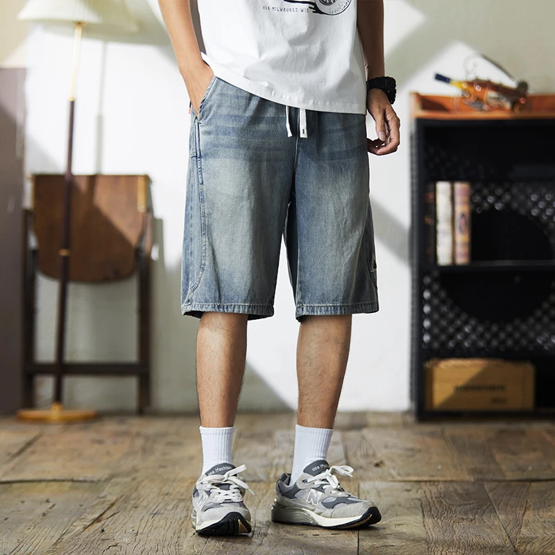 XY9941 Summer new denim shorts men loose straight thin section elastic waist drawstring splicing casual shorts