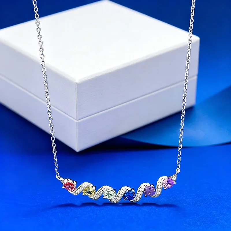 New rainbow cultivated stone Luxury white gold solid platinum PT950 six-color treasure spiral wave  versatile clavicle chain