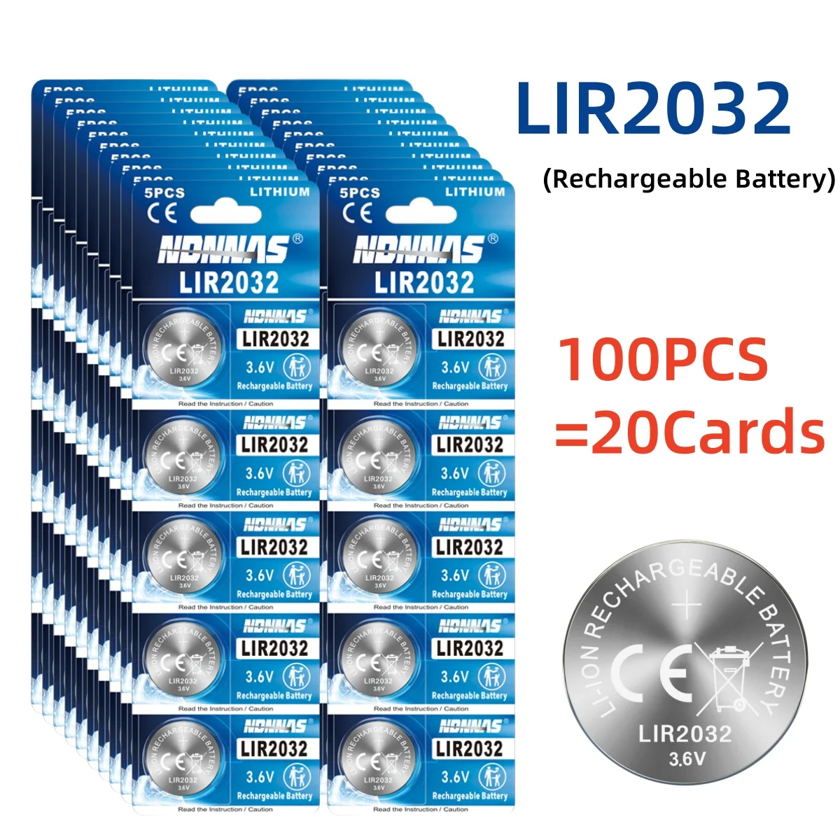 

100PCS LIR2032H High-capacity Rechargeable Lithium Battery Button Battery LIR2032 3.6V Coin battery