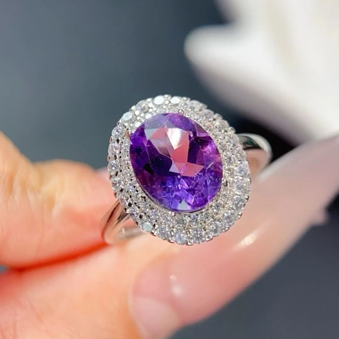 

Vintage Natural Amethyst Ring with Certificate 925 Silver Purple Gemstone Double Halo Cubic Zirconia Women's Cocktail Ring