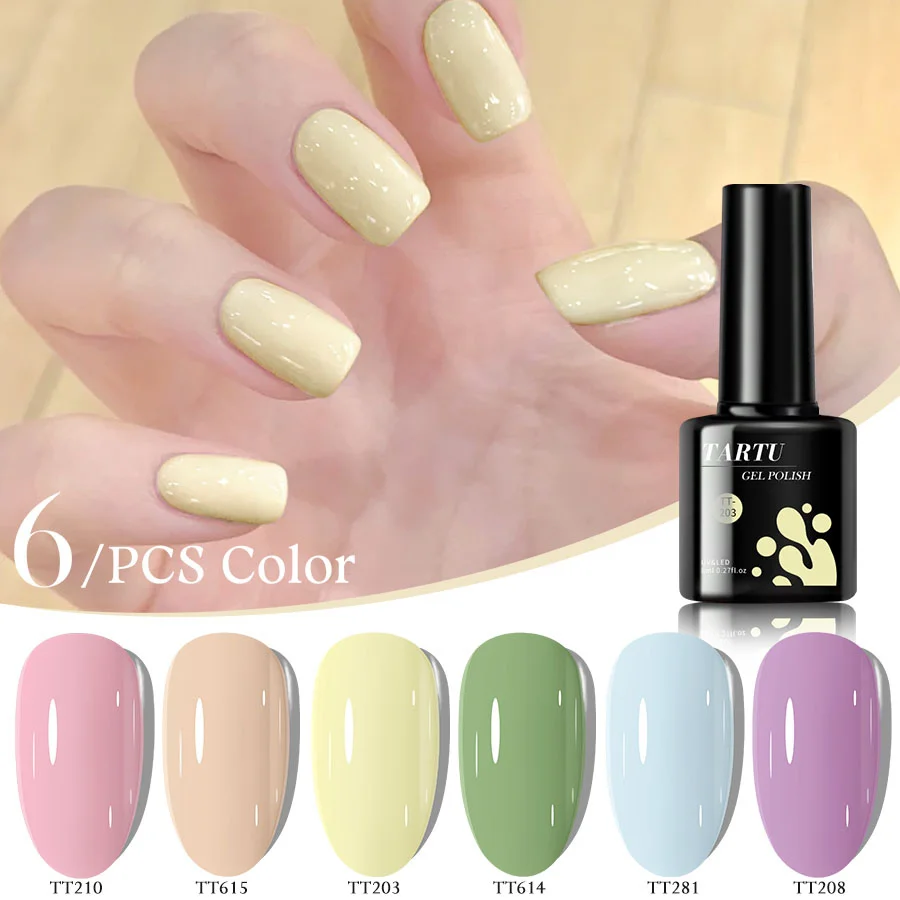 مجموعة طلاء أظافر جل لامعة مكونة من 6 ألوان تتضمن ألوان كاكي وأرجواني وأبيض وأحمر وبني وأزرق وأسود شبه دائمة