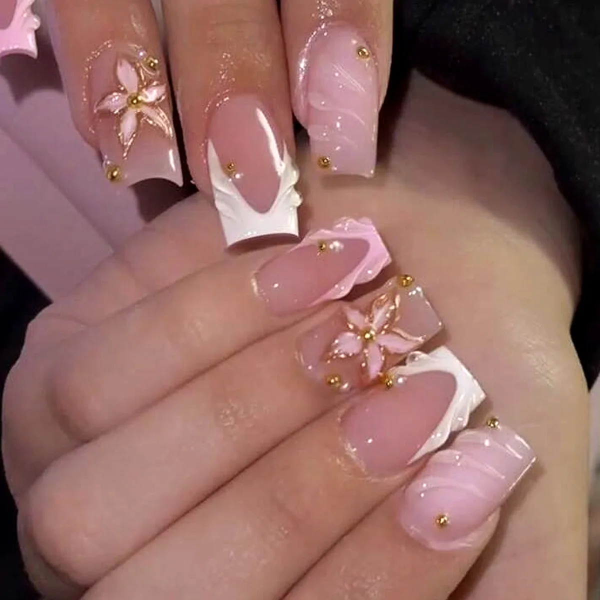 24Pcs Yellow Polka Dot French Press on Nails Short Wearable Square Head Fingernails 3D Flower Gilded Design Full Cover Fake Nail 6
