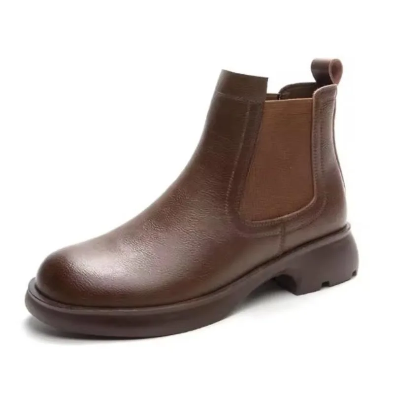 

Модные женские ботильоны на толстом каблуке 3,5 см, осенне-зимняя теплая обувь с круглым носком, настоящая воловья кожа, британские ботинки без шнуровки на дымоходе