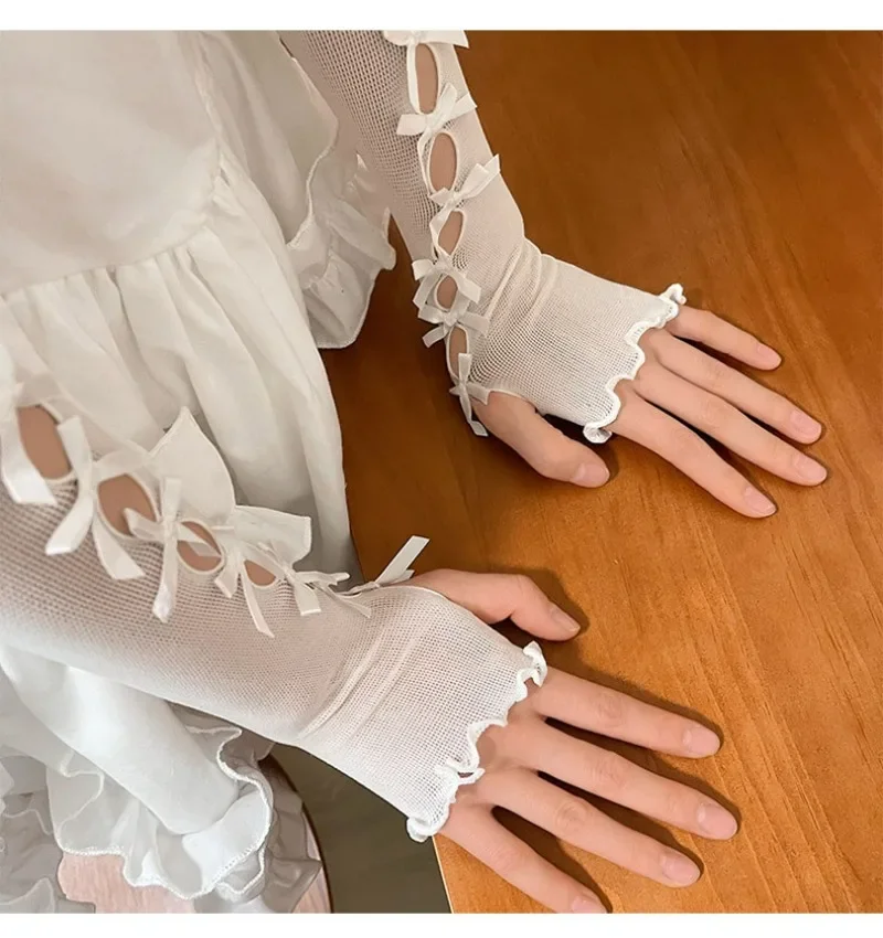 Lace Bow Sleeves Shawl Arm Warmer Fashion Ballet Lolita Sweet Jk Mesh Flock Oversleeve Sunscreen Fingerless Long Gloves Women