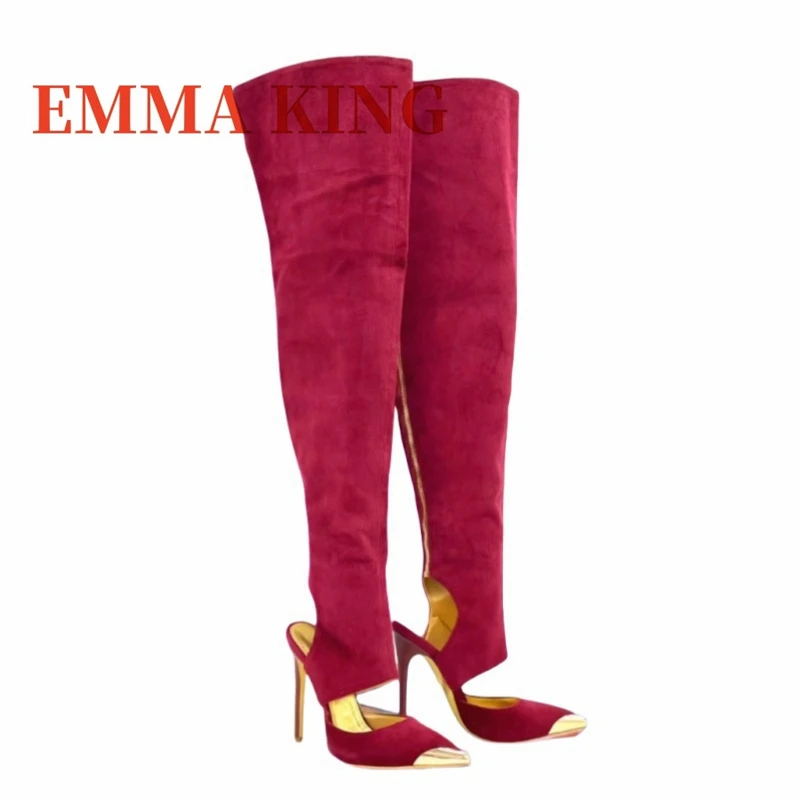 الصيف الفخذ عالية التمهيد مدبب تو فوق الركبة الأحذية النسائية الجانب سستة موضة Slingback الأحذية أنيقة حفلة أحذية طويلة 44