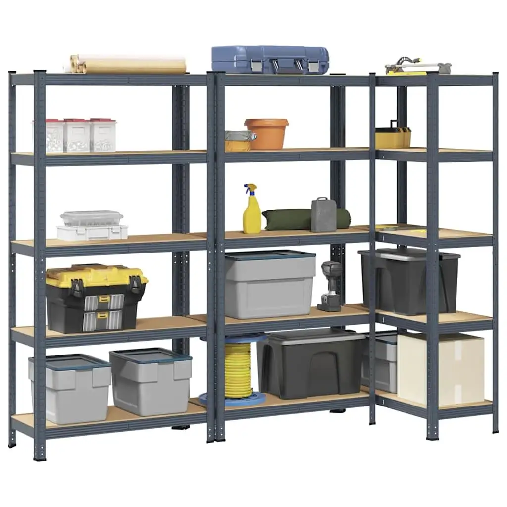 Set of 3 Anthracite Steel & Engineered Wood 5-Tier Storage Shelves – Durable Organizing Solution