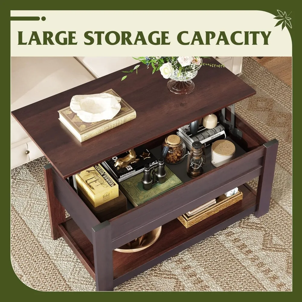 Lift Top Coffee Table 39 with Storage Shelf and Hidden Compartment for Living Room, Office Use