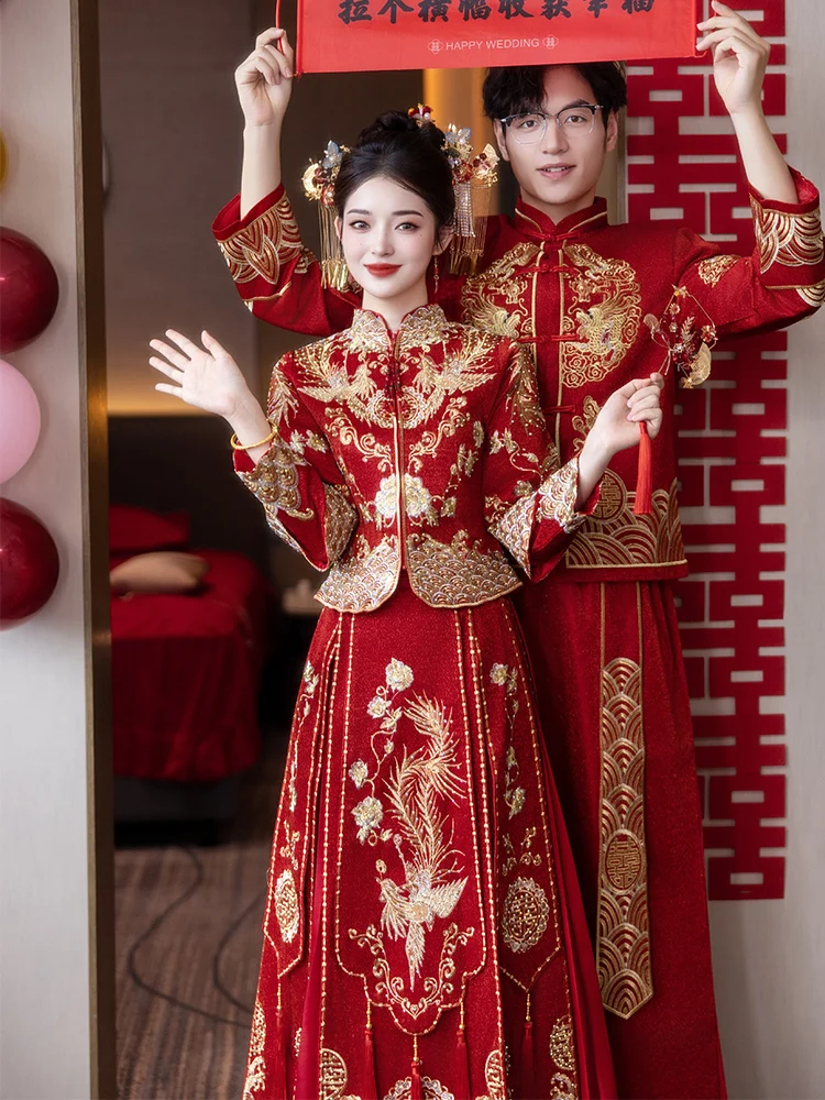 

2026 New Wedding Dress Couple Matching Traditional Chinese Style Bride Gown Short Size Wedding Ceremony Costume Polyester Fabric