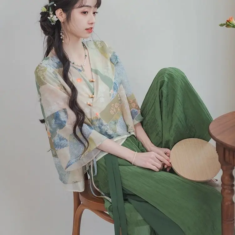 Spring and Summer Chinese Style Casual Retro V-Neck Tops T-Shirt Green Loose Wide Leg Pants Two-Piece Set for Women