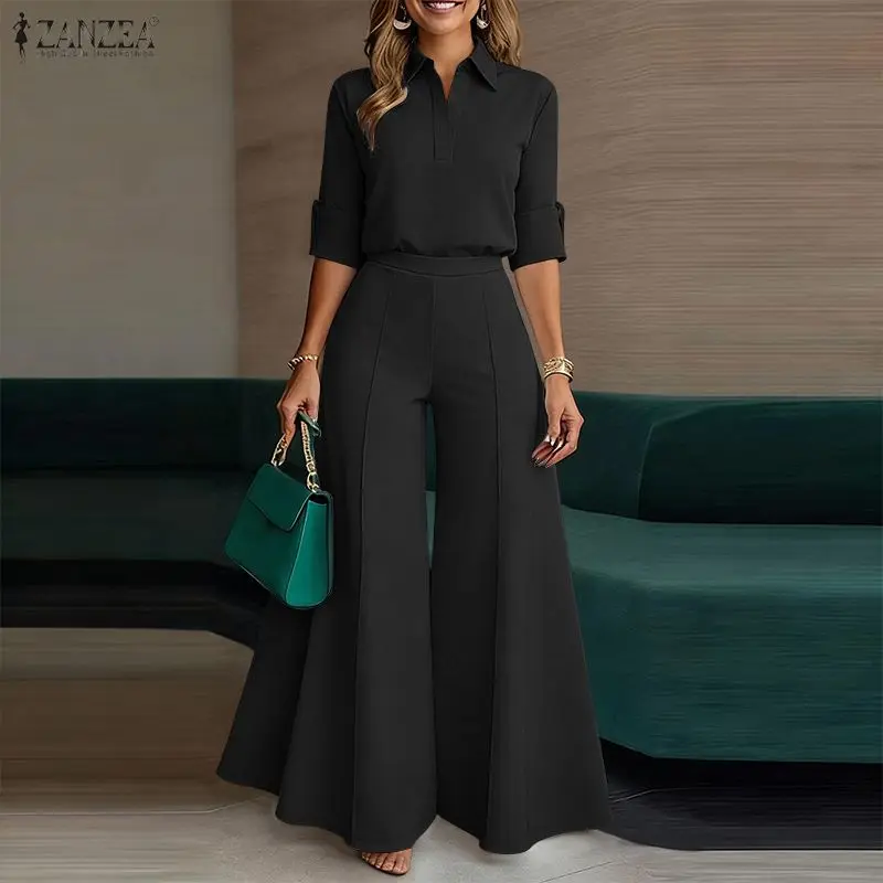 

ZANZEA Elegant Woman Office Wear Pant Suits Half-Button Long Sleeve Shirt & Wide Leg Pant 2 Pieces Sets Women's Casual Outfits