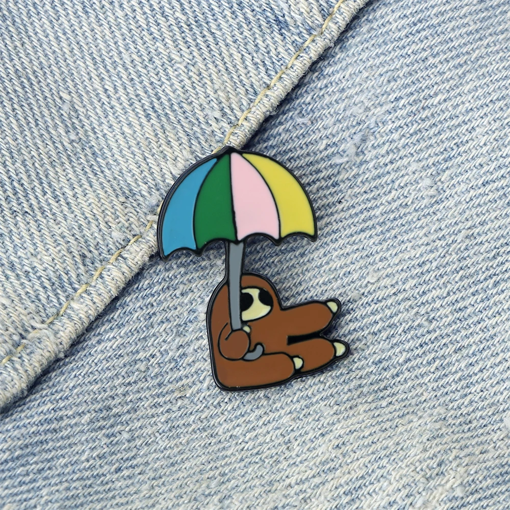 Cartoon Funny Brooch The Brown Sloth with Umbrella Custom Enamel Pin Badge for Backpack Denim Cloth Cute Jewelry Friend Kid Gift