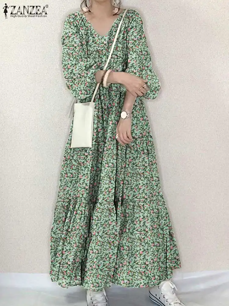 ZANZEA Summer Bohemian Floral Printed Sundress Women Vintage V Neck Long Sleeve Dress Fashion Holiday Maxi Vestido Oversize Robe