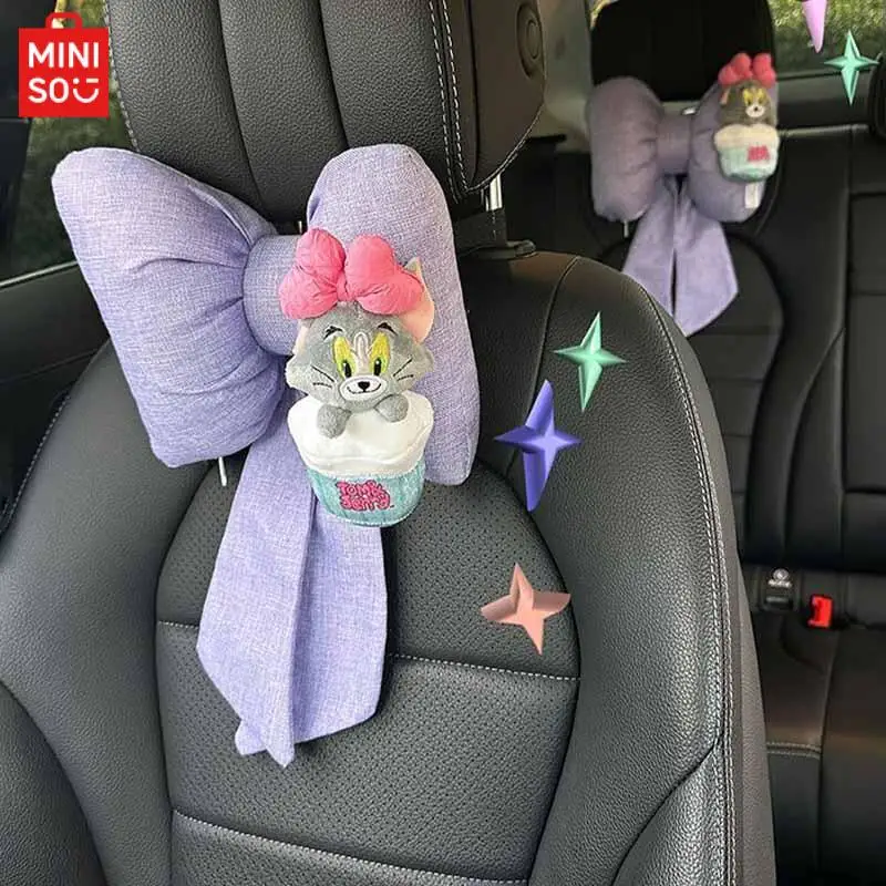 Miniso Kawaii decoración para reposacabezas de coche, Tom y Jerry, dibujos animados de Anime, lindo Lazo, almohada para el cuello, Gato y ratón, accesorios para coche, regalos para niñas