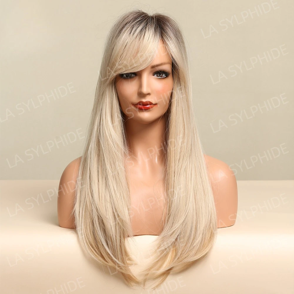 

Wig female gradual change blond partial long straight hair rose mesh headgear chemical fiber oblique bangs