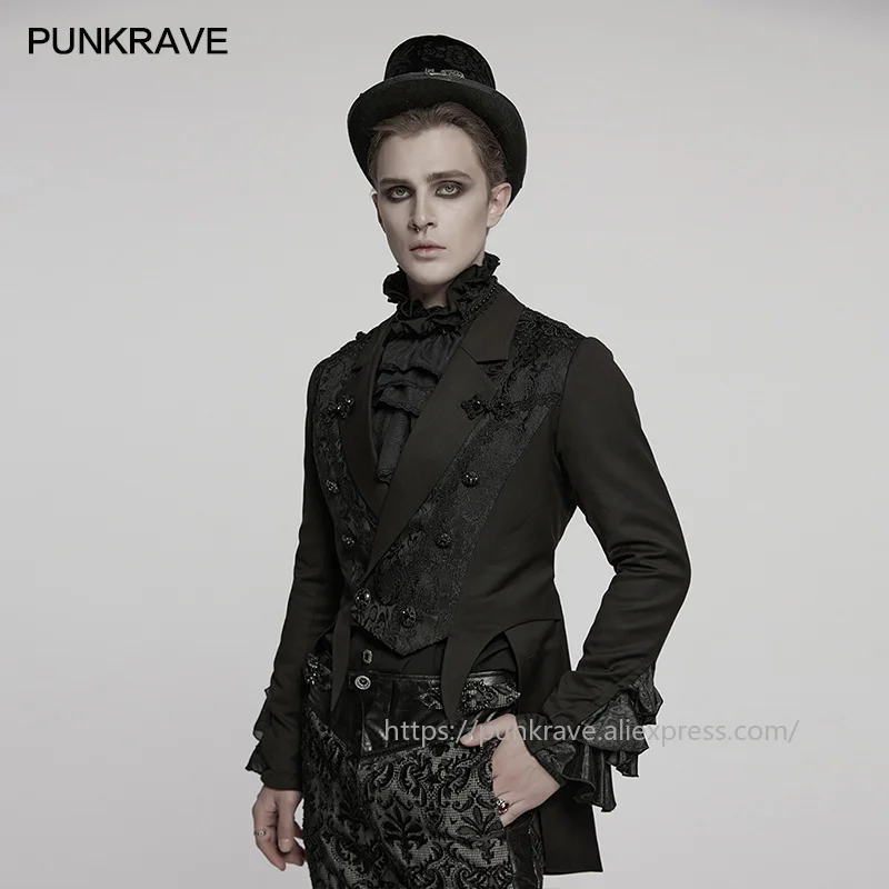 PUNK RAVE Men's Goth Gorgeous Jacquard Dress Coat Elegant Classic Lapel Collar Shoulders Chinese Buttons Party Mid-lenght Jaket