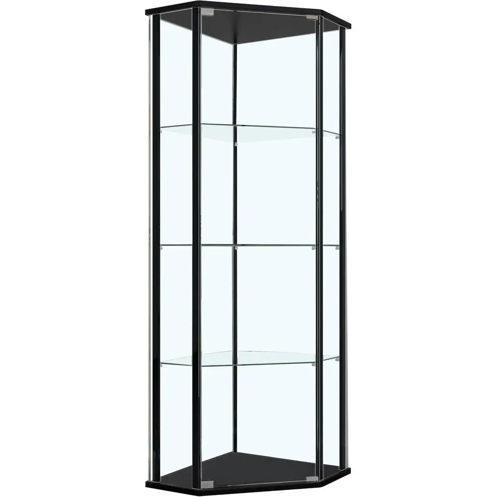 

4-Shelf Curio Cabinet with Metal Frame, Wooden Finish, Tempered Glass Shelves, and Chrome Base - Black