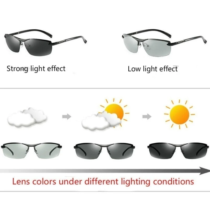 Luxury Sunglasses Photochromic Sunglasses Men Driving Half Frame Sun Glasses