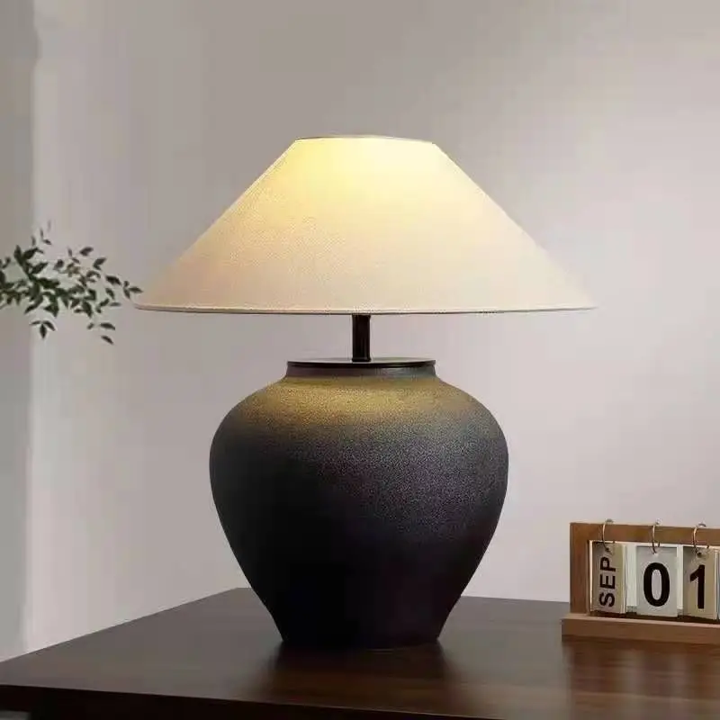 

Wabi Sandy Wind Handmade Pottery Pot Retro Homestay Led Living Room Study Bedroom Energy-saving Ceramic Desk Lamp