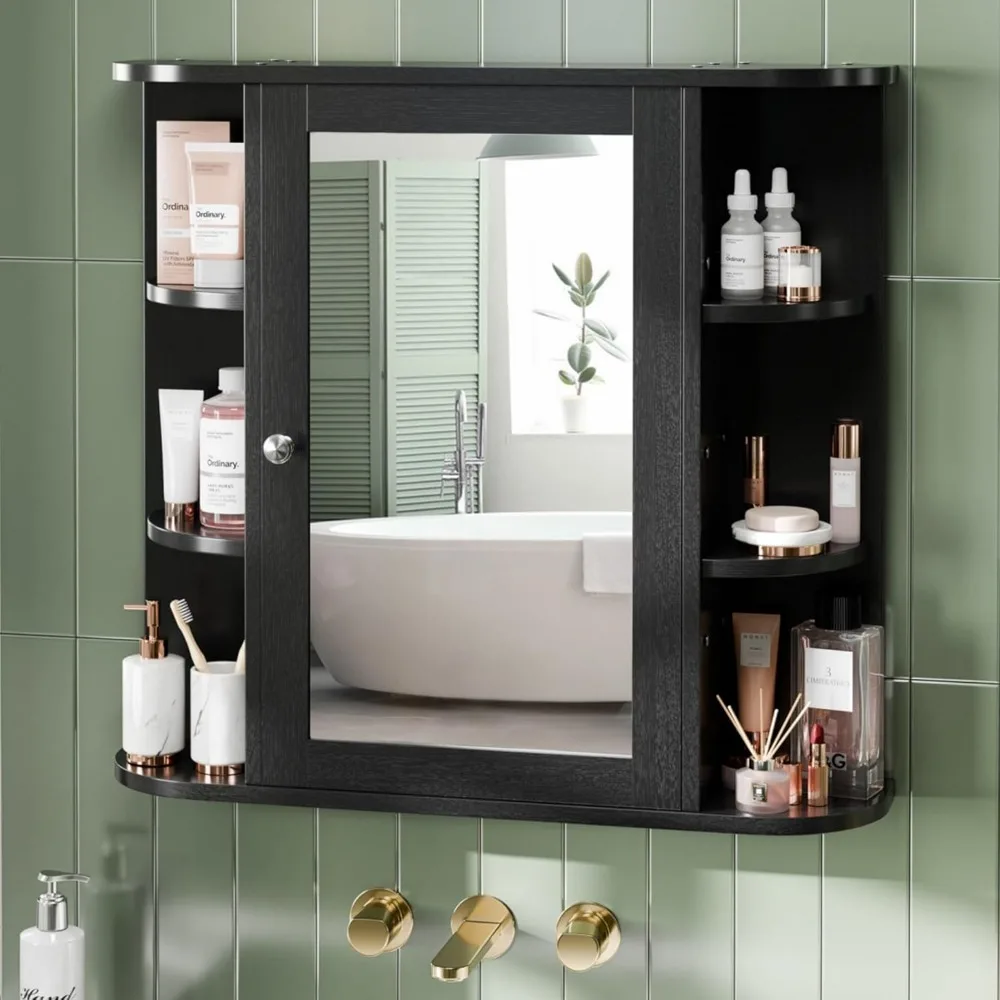 Bathroom Medicine Cabinet with Mirror, Bathroom Mirror Cabinet with 6 Open Shelves, Modern Bathroom Wall Cabinet