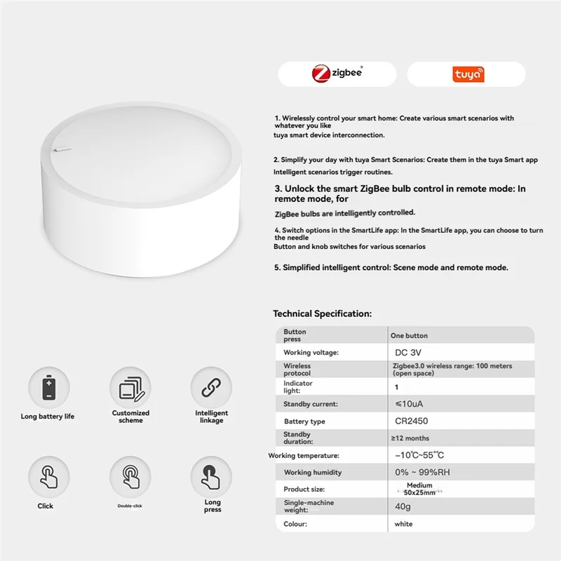 ABKQ-Wireless Zigbee Smart Knob — контроллер сцен для дома, работает с приложением Smart Life, питанием от батареи