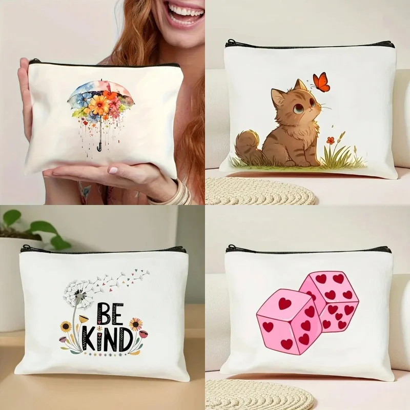 1 piece single sided white cosmetic bag with umbrella and flower pattern – can be used as a handheld cosmetic bag, toiletry orga
