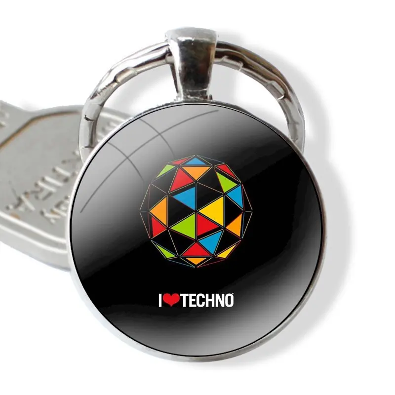 I Love Techno Keychain Handmade Glass Cabochon Key Ring Holder Pendant Key Chains