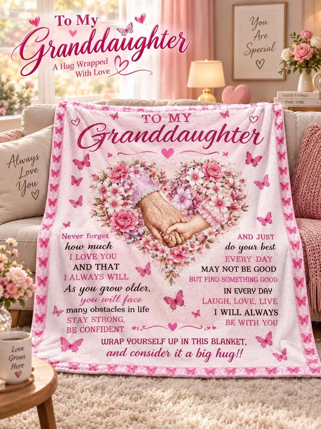 Granddaughter Floral Heart Flannel Blankets & Throws Gift From Grandma Heart Flowers Loving Message Sofa Bed Throw Home Decor Birthday Christmas Thanksgiving Anniversary Graduation Travel Nap Blanket Cozy Warm Lightweight Living Room Bedroom