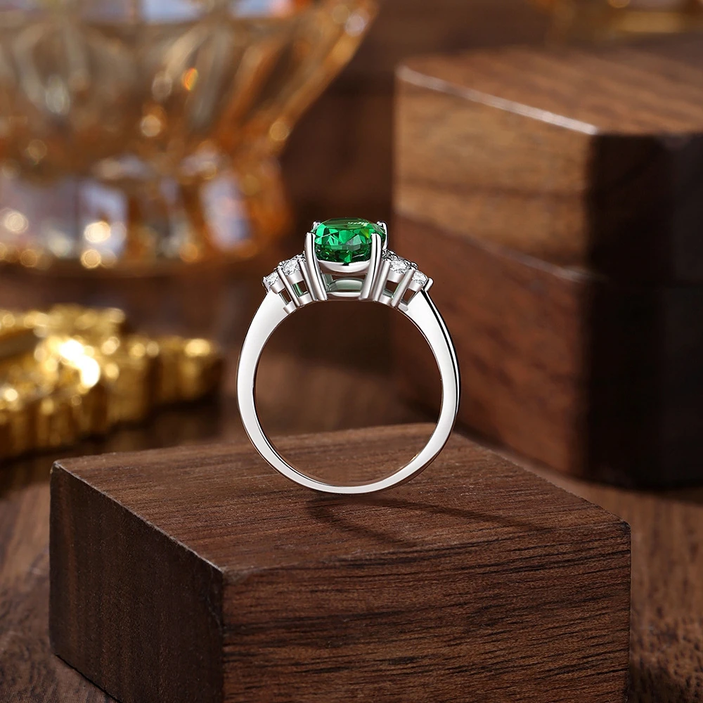 خاتم الخطوبة من الفضة الإسترليني S925 للنساء |   7 × 9 ملم بيضاوي من الياقوت الزمردي عالي الكربون الماسي |   هدية مجوهرات رائعة