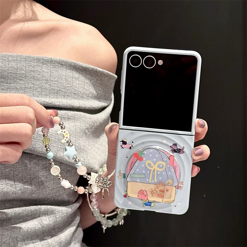 

Korean Cute Puppy Magnetic Phone Case For Samsung Galaxy Z Flip 7 6 5 4 3 Flip5 Flip7 Flip6 Cover with Magsafe Stand Chain Cases