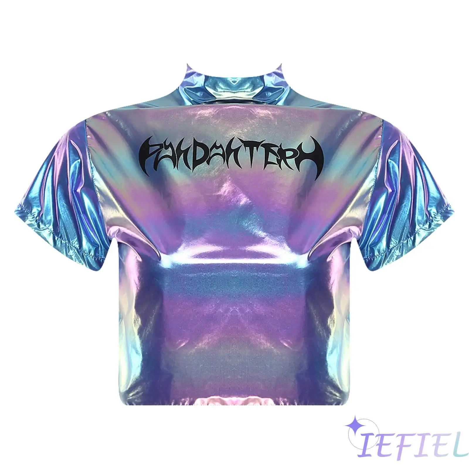 

Womens Disco Crop Top Punk-style Print Mock Neck Short Sleeve Back Zip Cropped T-shirt Top for Hip Hop Jazz Dance Competition