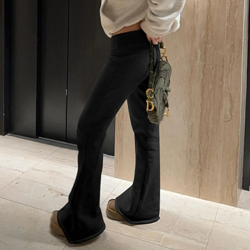 Solid color thin velvet casual pants, low waist versatile bell bottom pants, slim fit bottom woolen pants for women