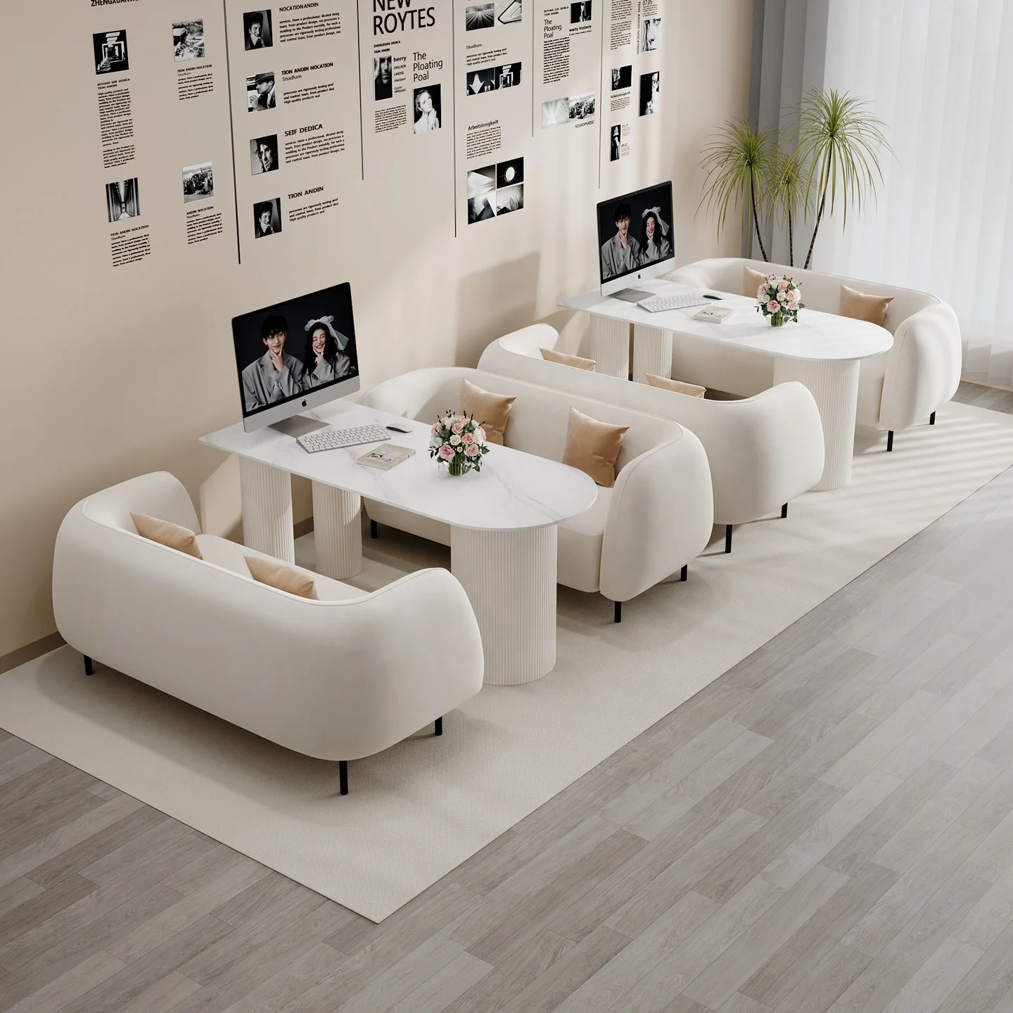f*-Minimal Studio Modern Velvet Two Seat Reception Sofa with Sponge Filling for Mall and Office Use