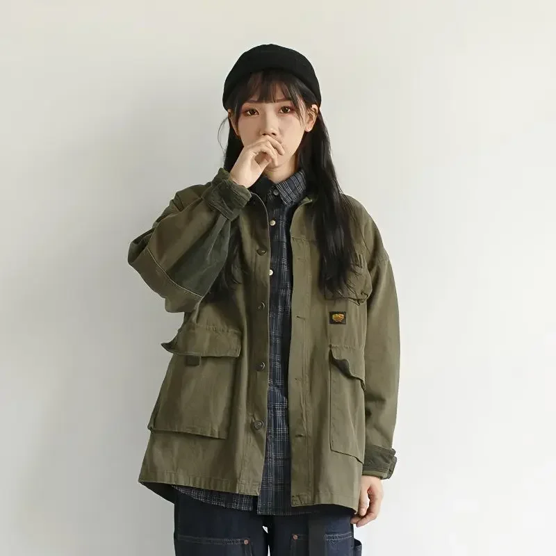 

Japanese Cargo Vintage Women Men Spring Autumn Clothing Harajuku Cotton Coat Military Pocket Buttons Workwear Streetwear