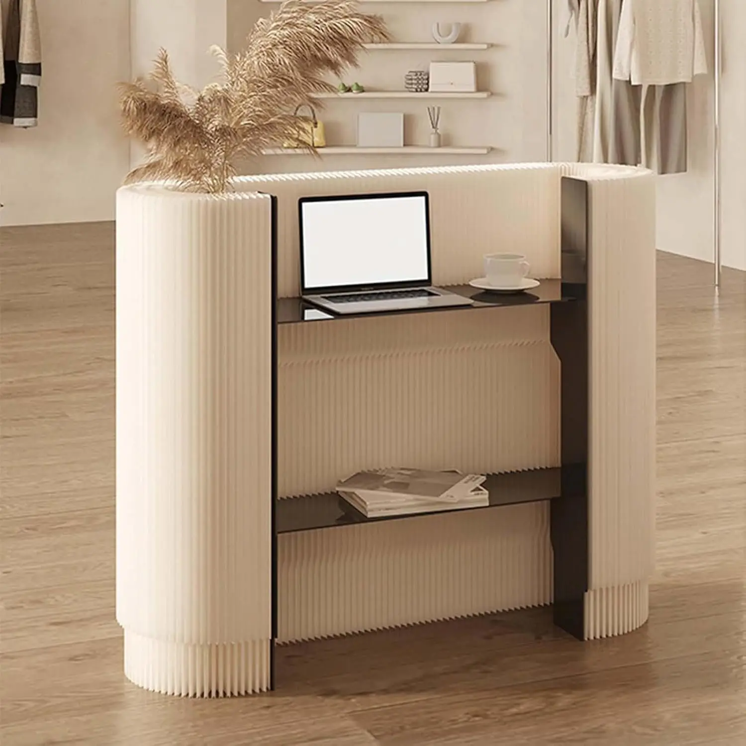 Folding Reception Counter Desk, Modern Portable Front Table With 2 Storage Shelves, Small Oval Reception Desk For Salon