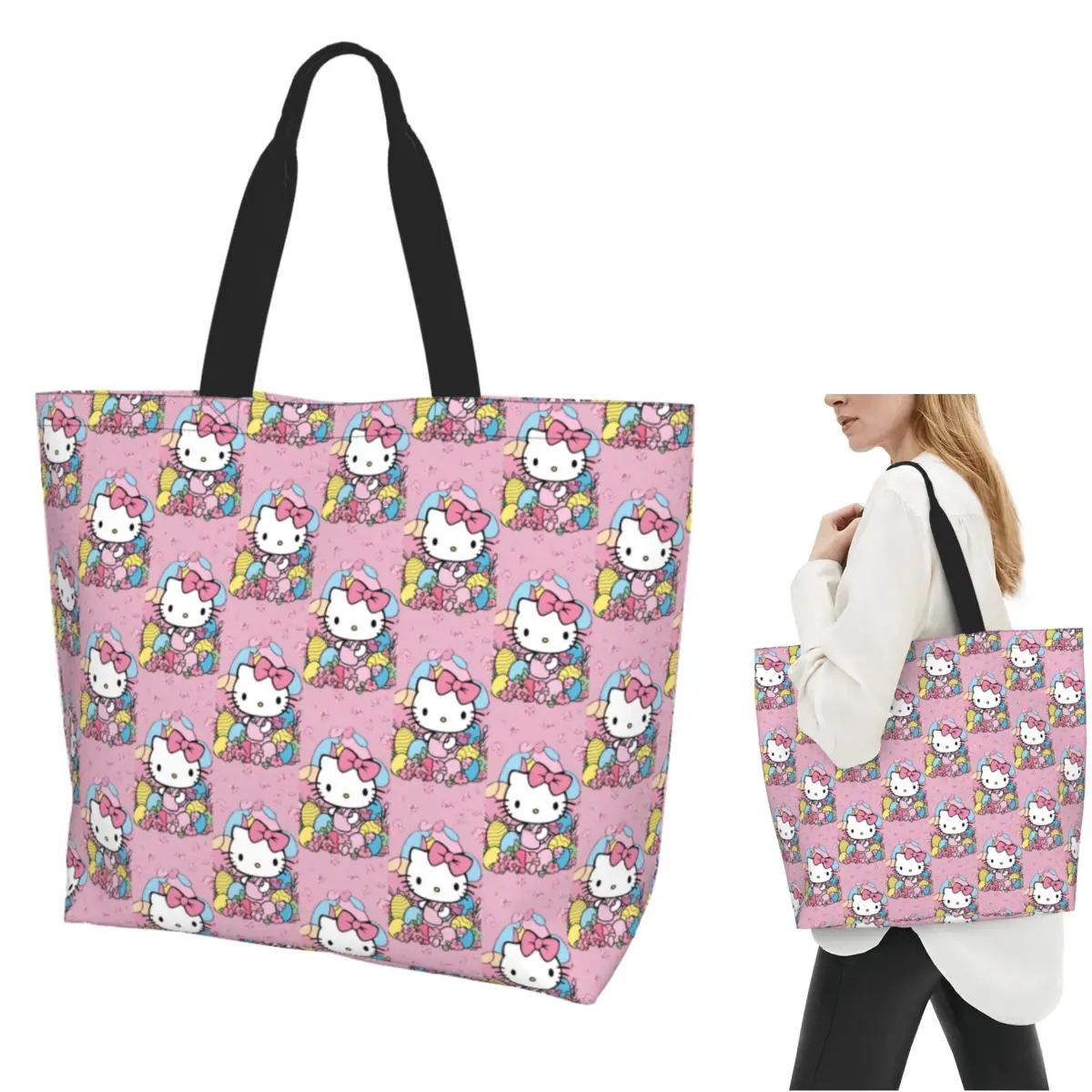 

Сумка-тоут Hello Kitty для покупок, парусиновая сумка на плечо большой вместимости, продуктовая сумка для покупок для женщин