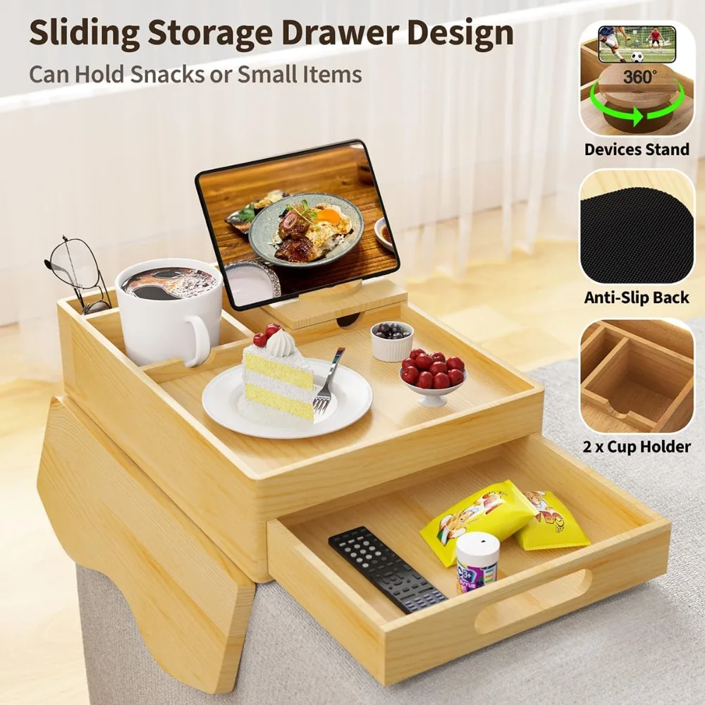 Couch Cup Holder, 7-in-1 Couch Arm Tray, Sofa Clip-On Side Table with Push-Pull Drawer to Organize and Store Small Objects