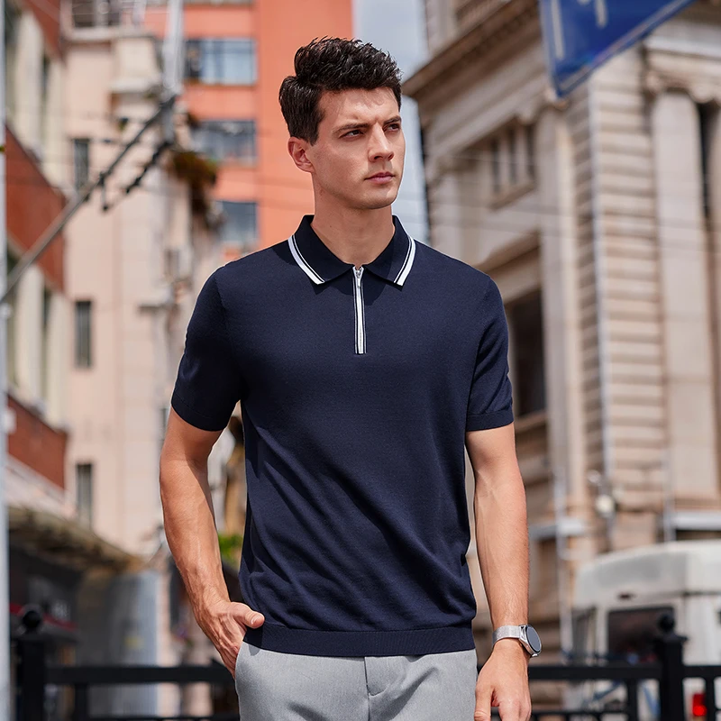 Maglieria da uomo in seta di gelso + cotone 2025 Polo estiva in maglia Lyocell con cerniera Polo da uomo con colletto rovesciato T-shirt in maglia sottile e traspirante