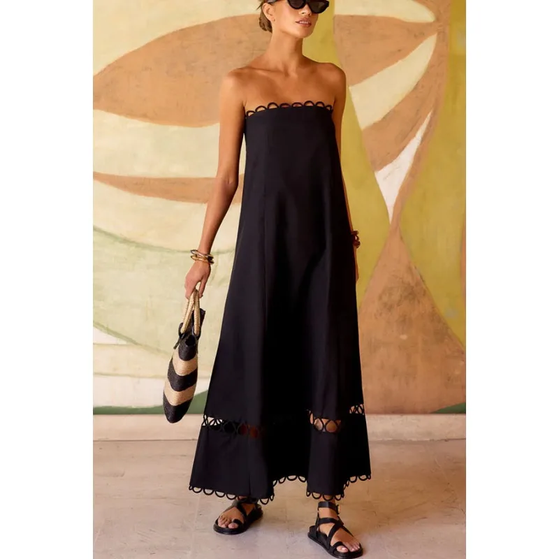 Zomer vrouwen off-shoulder bohemien jurk elegante INS strapless uitgehold a-lijn lange buisjurk boho vakantie vakantiejurk