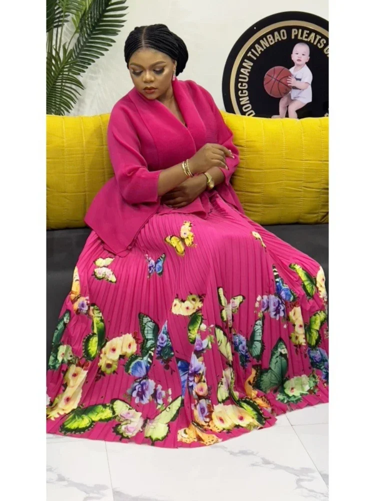 

Комплект плиссированной юбки Miyake, модный топ на шнуровке с рукавами «летучая мышь» + большая распашная юбка с принтом, комплект из двух предметов, женская одежда для вечеринок