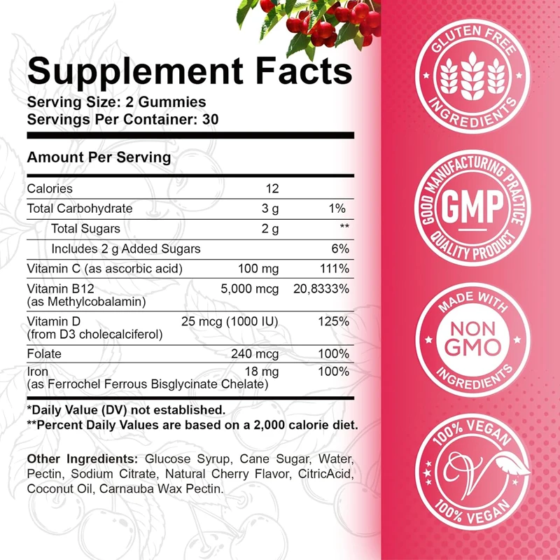 Vitamin B12 gummies -5000 mcg methylcobalamin, energy support and metabolism, immunity, vegan