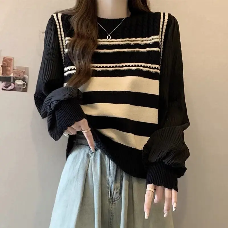 Autumn Winter Elegant Fashion Korean Style All-match Pullovers Women Clothing Striped Patchwork Chiffon Tops Casual Chic Sweater