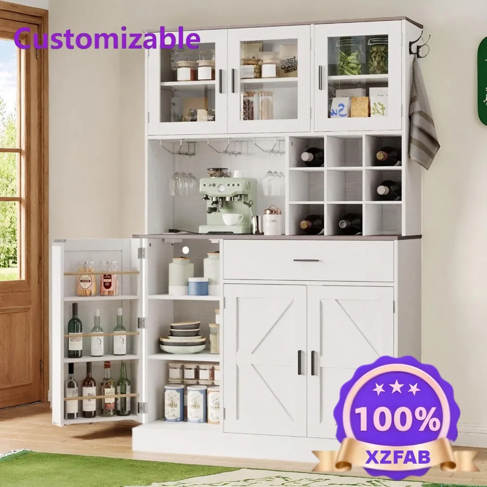 Factory Direct 2026 Kitchen Hutch Cabinet Storage, Tall Pantry Glass Doors, Power Outlet Microwave Stand, Adjustable Shelves