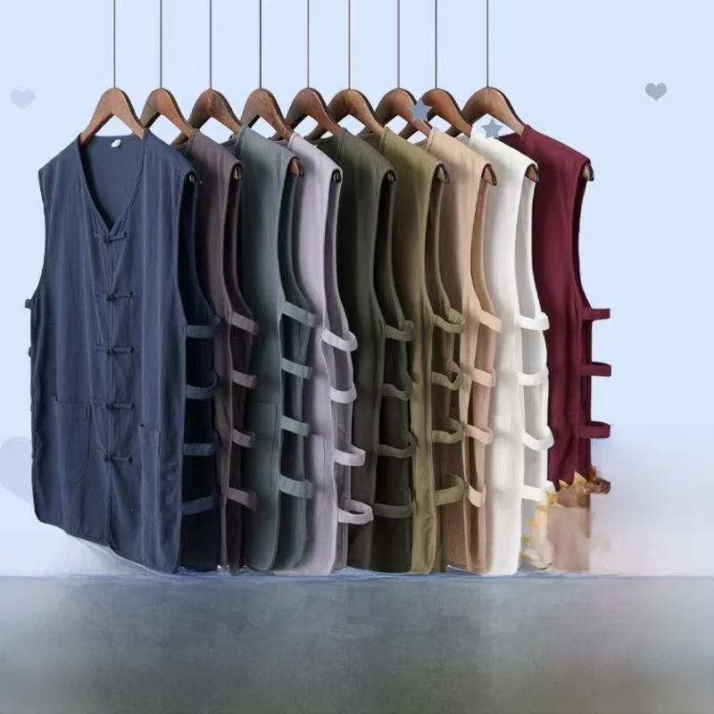 Special Wide Fit Chinese Style Cotton Linen Vest Tang Suit Button up Old Beijing Han Shirt Gown for Middle Aged And Elderly Men