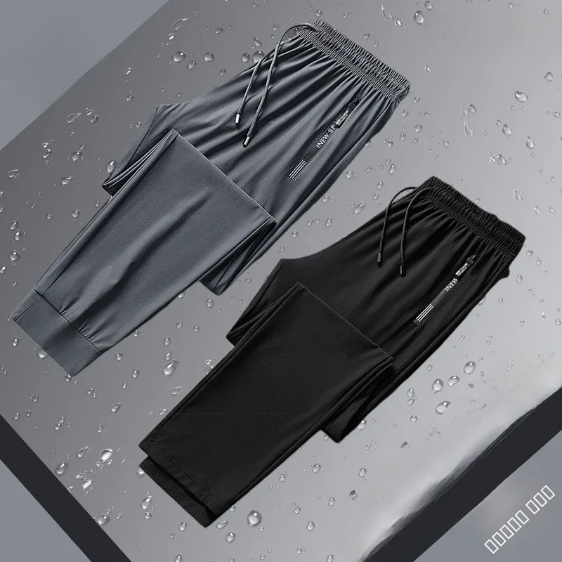 

Спортивные брюки из ледяного шелка больших размеров, мужские повседневные прямые брюки с манжетами, уличные, с защитой от УФ-излучения, из полиэфирного волокна, со средней талией