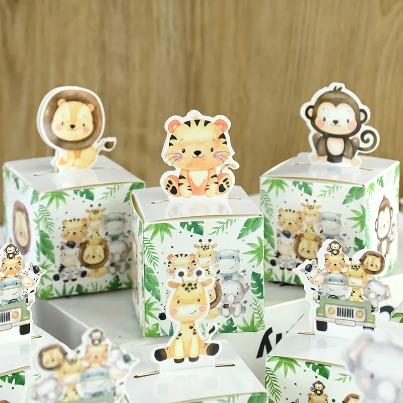 Cute Cartoon Jungle Safari Mini Square Candy Box Jungle Theme Birthday Party Supplies Animal Treat Boxes Kids Favors Set of 24